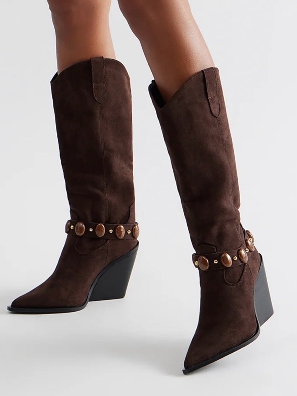 Fashion Nova Faux Suede Knee-High Western Wedge Boots - Brown - 7